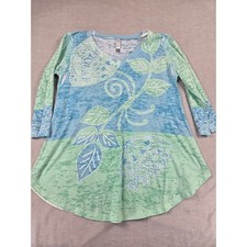 Whimsy Rose Womens Floral V-Neck 3/4 Sleeve Top Blue Green Size S Made in USA