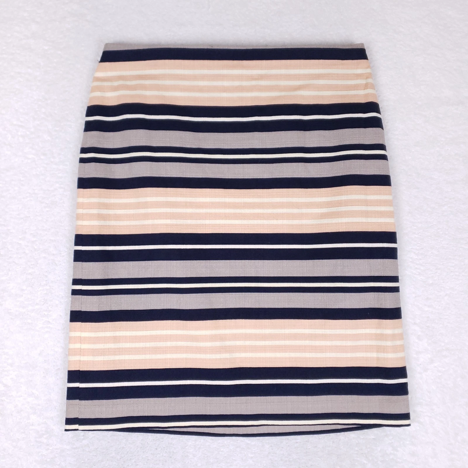 Ann Taylor Striped Pencil Skirt 12 Tall Navy Beige Cotton Career Office Classic
