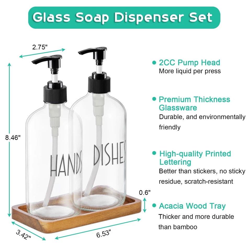 Dispensador de jabón de vidrio con bomba - Juego de dispensador de jabón de manos y plato transparente de 16 OZ... Foto 3 de 4