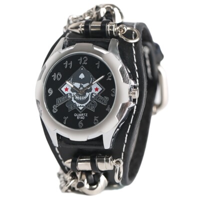 Gothic Bullet Design Men's Skull Quartz Watch Steampunk Leather Strap  Watches