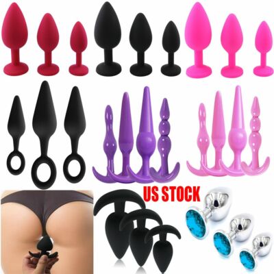 Diamond Stainless Steel / Silicone Jeweled Anal Butt Plug Buttplug Set Men  Women