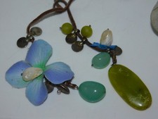 Artisan Tassel Neckace Pearl Chalcedony Aventurine Flower Leather Tie 12i 83