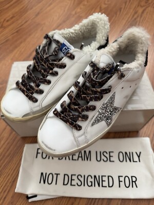 NEW Golden Goose 37 Superstar Shearling Sneakers White Glitter Silver  Leather