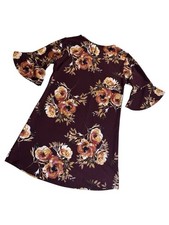 Burgundy Floral Bell Sleeve Shift Dress Knee Length Round Neck Pullover Fall
