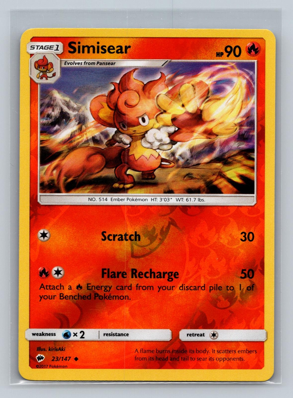 Simisear 23/147 Uncommon Burning Shadows Pokemon Reverse Holo Near Mint