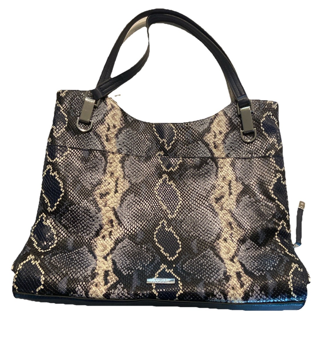 Vince Camuto Bag Emely Black Brown Snakeskin Print Leather Double Handle  Tote