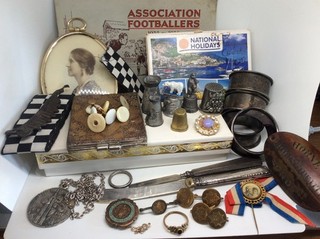 Junk Drawer Job Lot Jewellery Badges Militaria Silver Thimbles Photograph etc