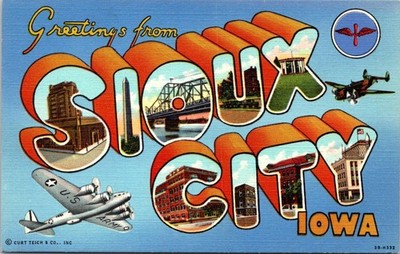 1940s Postcard Multi View Sioux City IA Boeing Bomber Lockheed Hudson MO Bridge