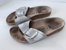 Birkenstock MADRID Big Buckle Metallic Silver Leather Slip On Sandals Shoes 38