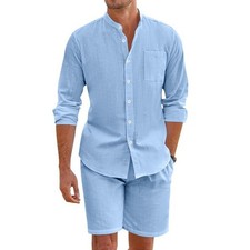 Mens Linen Rich Set Shirt and Shorts 2 Piece Suite Summer Beach Holiday Casual