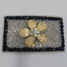 Yellow Iridescent Flower Belt Buckle W/Rhinestones & Beads Silvertone Bling