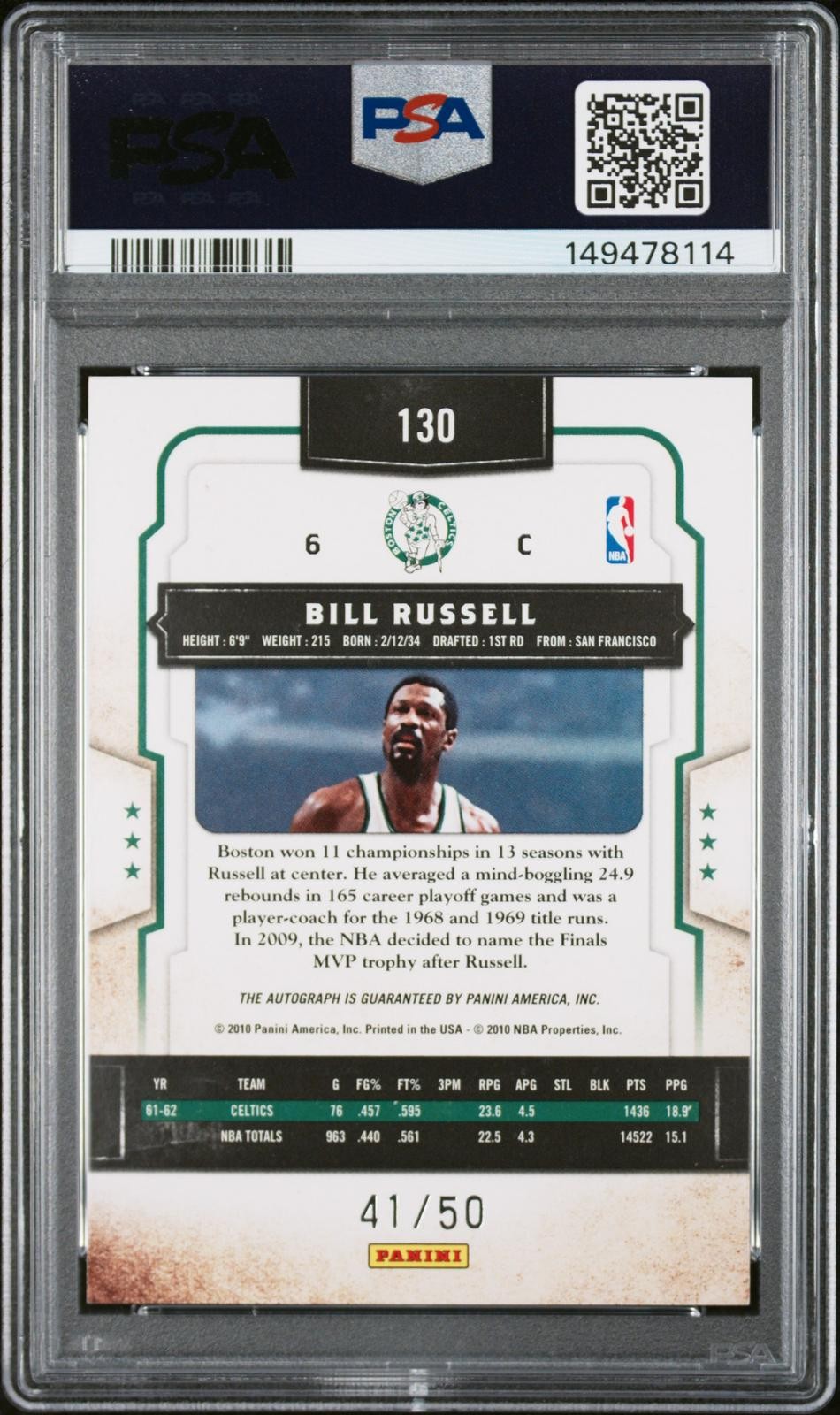 2009 Panini Classics #130 Bill Russell Significant Signatures Gold PSA 9 /50 HOF view 2