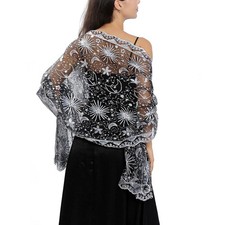 Sequin Stars Moons Shawls and Wraps for Evening DressesWomen sparkly Sheer Me...