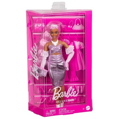Mattel HYV25 - Barbie - Deluxe Style - Puppe mit violettem Metallic-Outfit