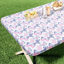 Rectangle Printed Fabric Tablecloth, Elastic Fitted Table Cloth for 6 Foot Ta...