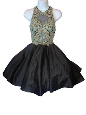 Aspeed Black Mini Dress with Embroidered Floral Bodice and Sheer Details