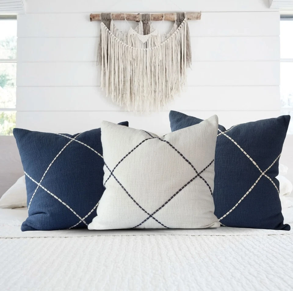 NEW! Navy Criss Cross Embroidered Pillow Cover 22" Sq. Crisp Cotton Texture - Image 3 of 3