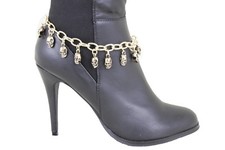 Women Shiny Gold Metal Chain Boot Bracelet Western Charm Skulls Skeleton Strap