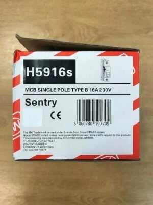 MK Sentry H5916s 16amp Type B Single Pole 230V 6kA B16 Circuit Breaker MCB 5916s