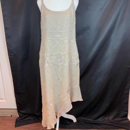 Jones New York Women's 100% Silk Beaded Beige Asymetrical Hem Midi Dress size 16 - Picture 2 of 16