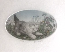 Norma C Hauck 1987 Hand Colored Etching KITTEN CAT oval Image A/P Artist Signed