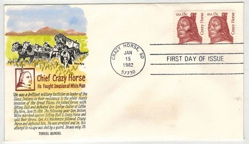 GUNDEL HANDPAINTED FDC 1855 SIOUX INDIAN CHIEF CRAZY HORSE SOUTH DAKOTA
