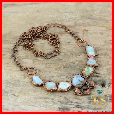 Natural Larimar Rough Copper Bezel Daughter Electroformed Chain Necklace Jewelry