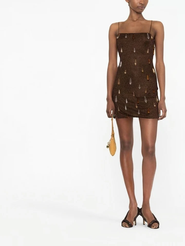 Mini Vestido de Noche OSEREE Cristal Cuello Cuadrado Marrón Chocolate Pequeño PVP400 Foto 3 de 4