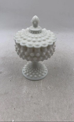 Fenton White Milk Glass Hobnail Decorative Pedestal Candy Dish With Lid
