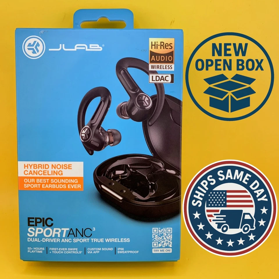 NEW JLab Epic Sport ANC 3 Dual-Driver Sport True Wireless Earbuds - Open Box