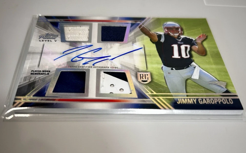 Jimmy Garoppolo 2014 Topps Prime parche cuádruple reliquia automático novato radiocontrol #7/10 Patriots Foto 4 de 4