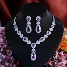 Silver Plated CZ Purple Dangling Drop Leaf Necklace Earrings Pageant Jewelry Set