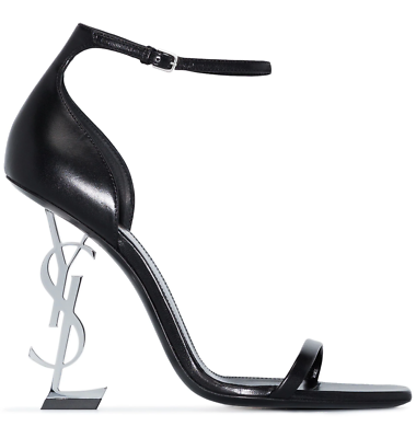 Saint Laurent Opyum 110 Black Leather Silver YSL Logo Strap Sandal