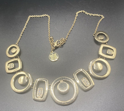 WHBM Necklace Goldtone Geometric Links Circles and Rectangles Rhinestone Accents