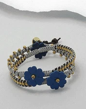 GRAY COTTON WAXED THREAD LEATHER WITH BLUE FLOWER BEADED BRACELET   