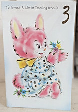 Vintage 1960's Bunny Rabbit Age 3 Three 3d Birthday Greeting Card (EB8909)