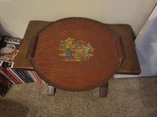 Vintage Collectible Mexican Folk Art Wood Large Round Handled Reversible Tray