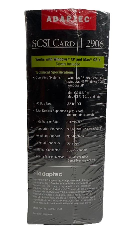 Adaptec AVA-2906, 32 Bit PCI SCSI Kit W/ Window & Mac Support (New Sealed) - Image 3 of 4