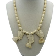 Vtg. Queen Nefertiti Egyptian Revival Bone & Wooden Beaded Necklace 16”