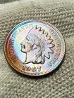 1907 Indian Head Cent Penny, Lustrous Gem AU++++++++ Red & Blue Hue Toned