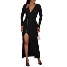 Women Summer New Stylish Elegant Solid Color Casual Waisted Slit V Neck Dress