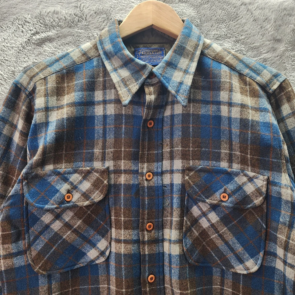 Pendleton Wool Shirt Made in USA Virgin Wool Plaid Flannel Brown Blue Men’s M - Image 2 of 4