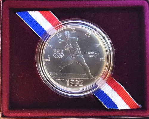 1992-D Olympics Baseball Pitcher USA Dollar Box & COA-90% Silver 0.77 Ounce Coin