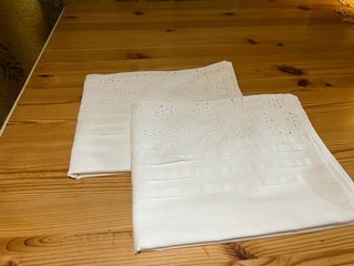 Vintage Pair White Cotton Pillowcases with Broderie Anglaise to opening end
