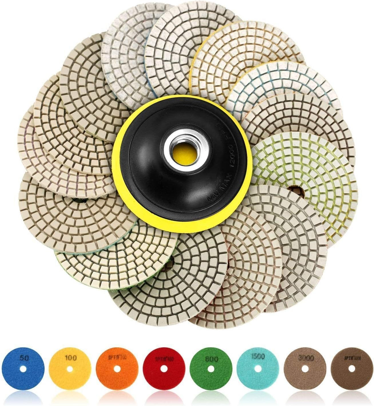 Kit Lucidatura Pietra 15 Pezzi 100mm Pad Diamantati Wet per Smerigliatrice