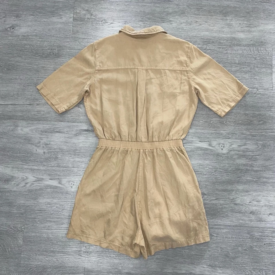 Faherty Arlie Romper Womens Small Tan Brown Button Pockets Linen Blend Comfort - Image 2 of 4