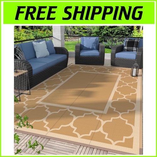GEOMETRIC WATERPROOF Outdoor Rug - 6x9 ft Reversible Patio Mat in Brown & Beige