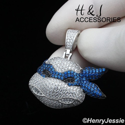 925 STERLING SILVER ICY CZ TEENAGE MUTANT NINJA SILVER/BLUE TURTLE PENDANT*P413 - Picture 2 of 4
