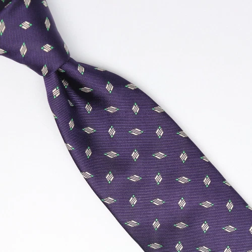 John G Hardy Mens Silk Necktie Purple White Green Diamond Geometric Weave Woven