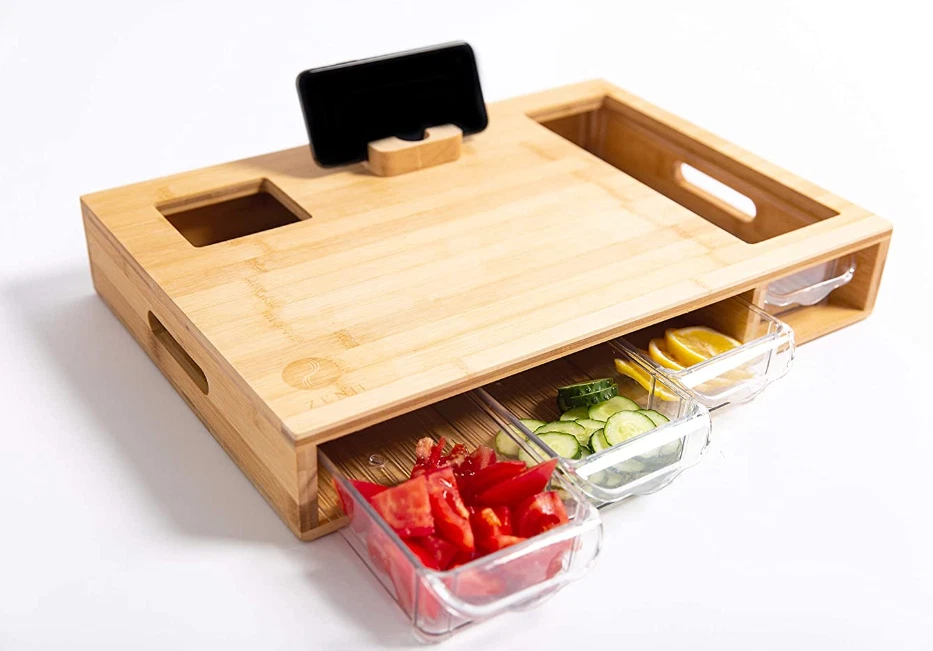 Zenji Large Organic Bamboo Kitchen Cutting Board for Food Cooking Prep W/Storage
